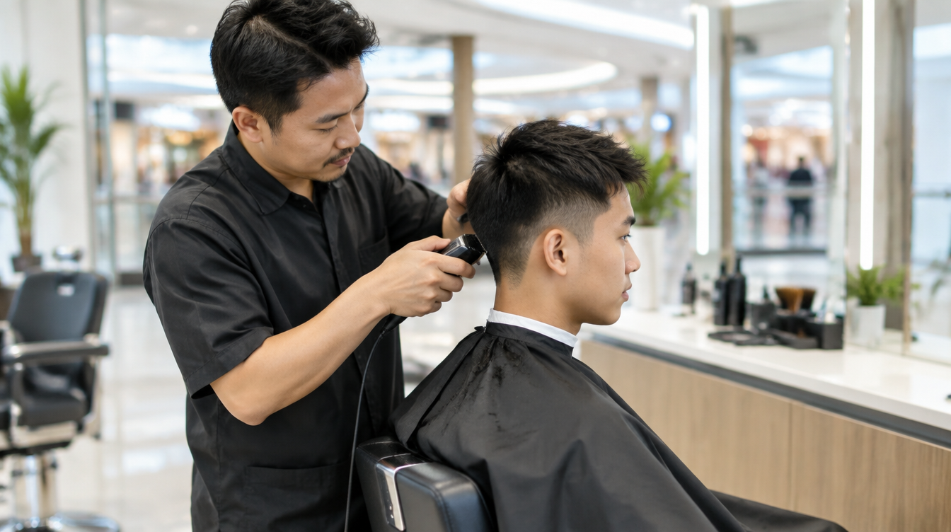 Barber giving a quick express haircut in a mall barbershop