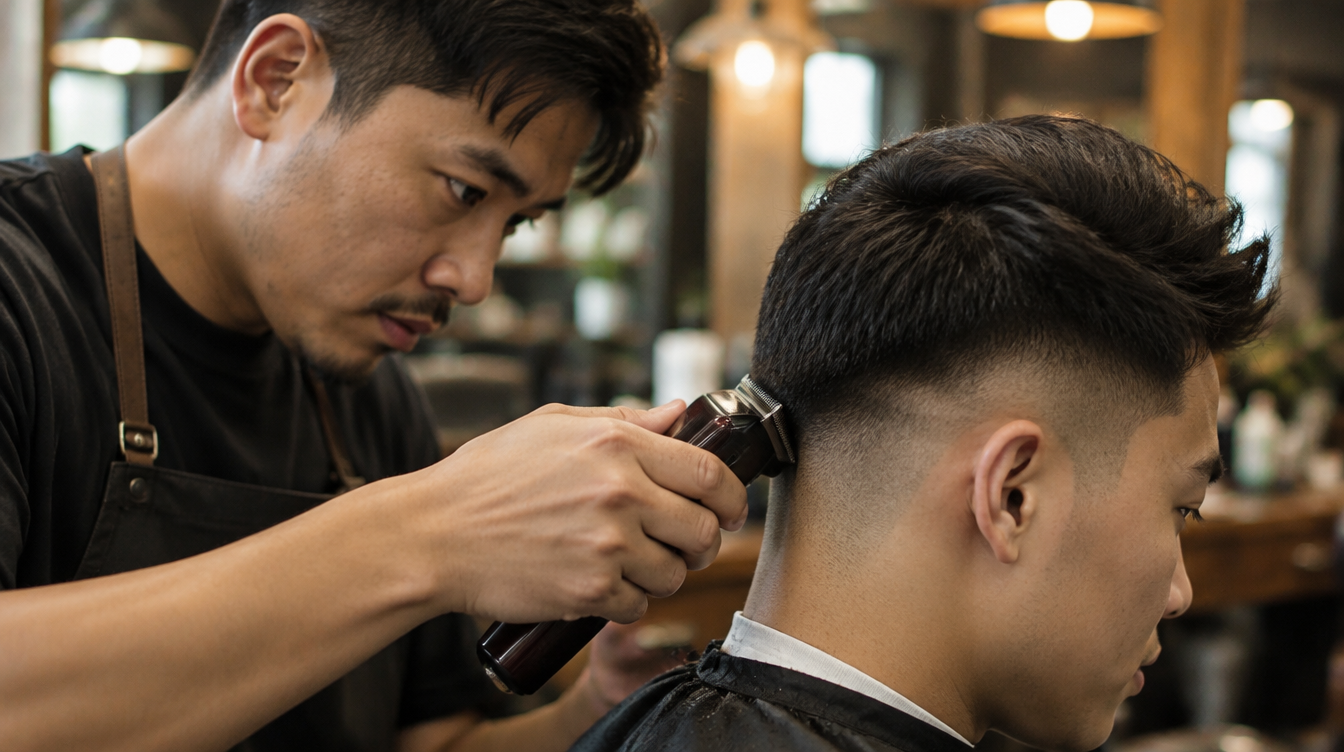 Barber cutting a modern fade hairstyle for a customer