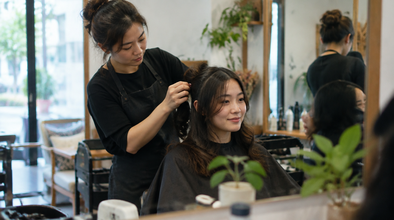 Hairdresser styling a customer's hair in a neighbourhood salon