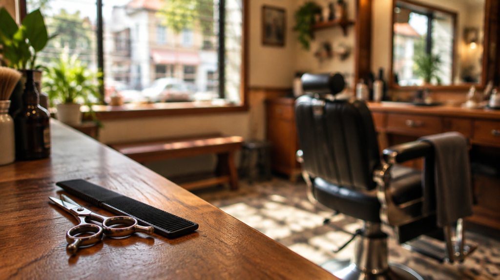 3 Best Hair Salons In Yew Tee For A Fresh Cut (2026) Barbershop counter with scissors and comb near Yew Tee